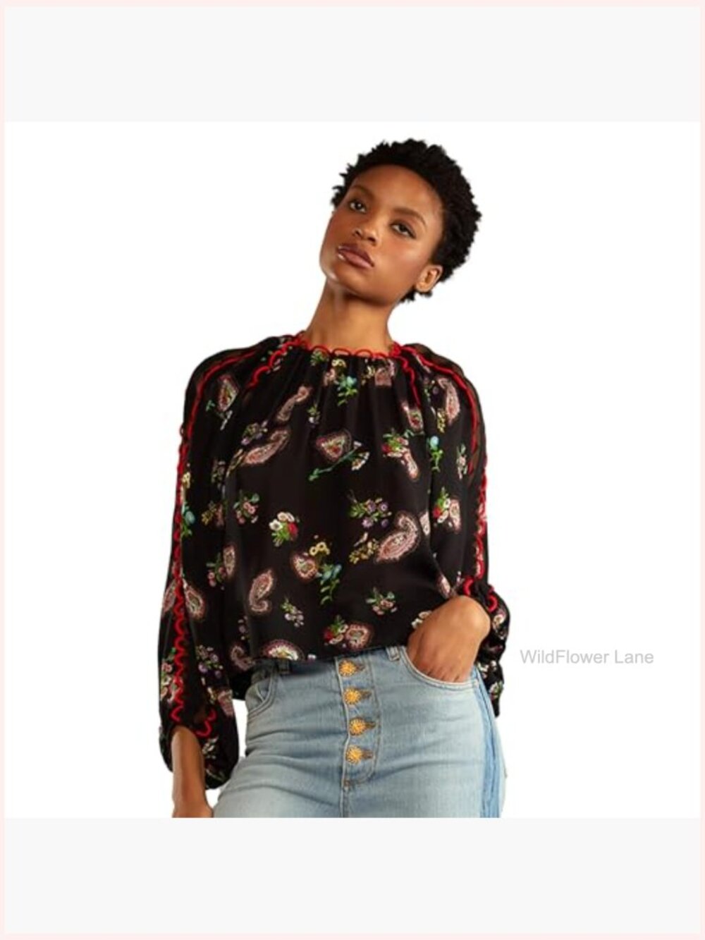 Mock Neck Paisley Print Silk Blouse with Puff Sleeves - Picture 2 of 7